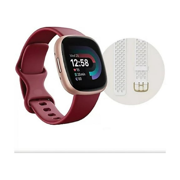 Open Box Fitbit FB523RGRD Versa 4 Fitness Smartwatch Bundle Beet Juice/Copper Rose