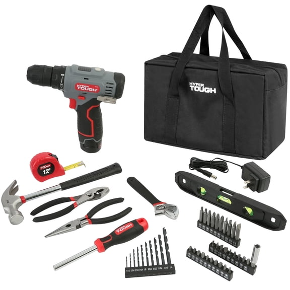 Open Box Hyper Tough 12V Max Cordless 3/8-inch Drill Driver 50-Piece Project Kit with 1.5Ah Lithium-Ion Battery, Charger, and Storage Bag