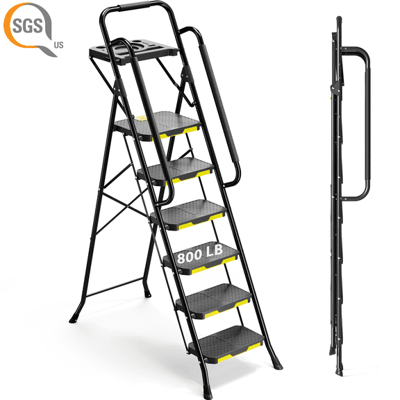 Open Box KK KINGRACK 6 Step Ladder, Metal Ladder with Tool Platform&Handrails, 800 lbs Capacity, Black