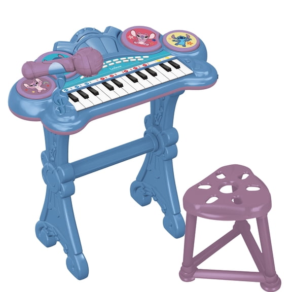 Lexibook Disney Stitch Electronic Keyboard with Seat and Microphone, 24 Light-Up Keys, Blue