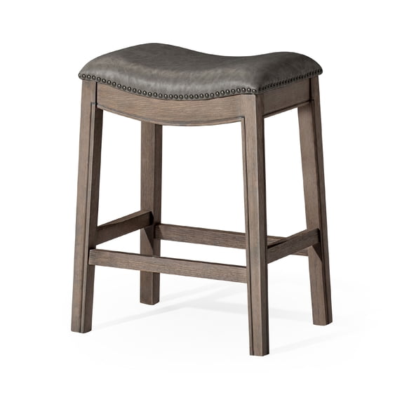 Open Box Maven Lane Adrien Stool, Reclaimed Oak, Stone Vegan Leather, Set of 2