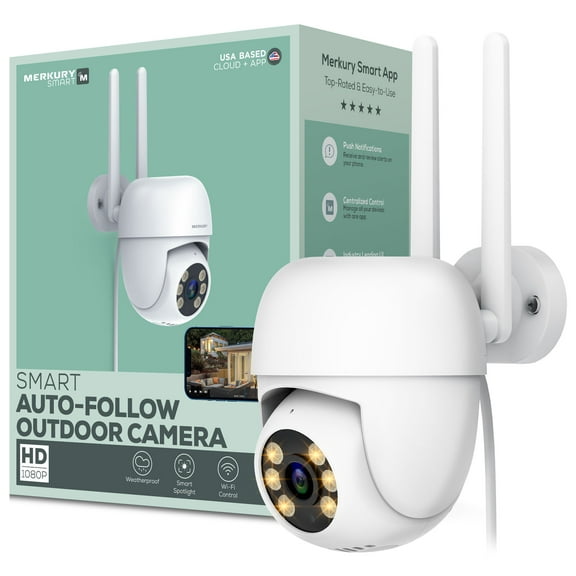 Open Box Merkury Smart Outdoor Camera 1080p - Auto-Follow PTZ Security Cam, White (1-Pack)