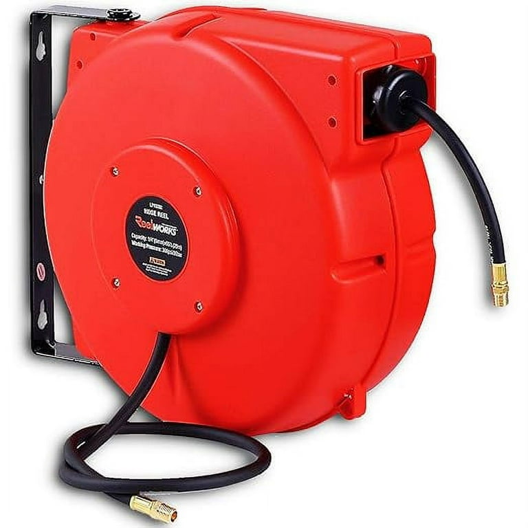 Open Box ReelWorks Air Hose Reel Retractable 1/4 Inch x 65' Foot GUR016 -  RED/BLACK 