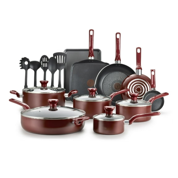 Open Box T-fal Easy Care, 20 Piece Non-Stick Pots and Pans Cookware Set, Red