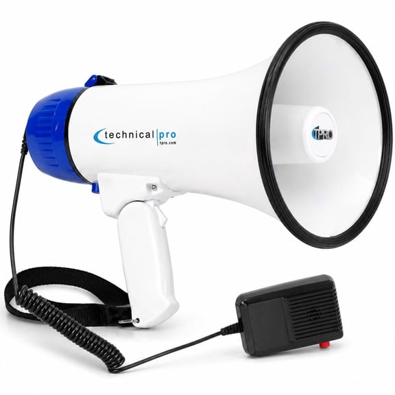Technical Pro 50W Rechargeable Megaphone Bullhorn with Siren, Voice Record, Strap & Volume Control, 1000 ft Range, White/Blue