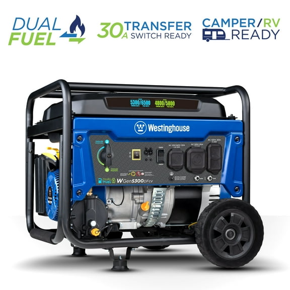 Open Box Westinghouse 6500 Peak Watt Home Backup Dual Fuel Portable Generator with CO Sensor and Wheel Kit