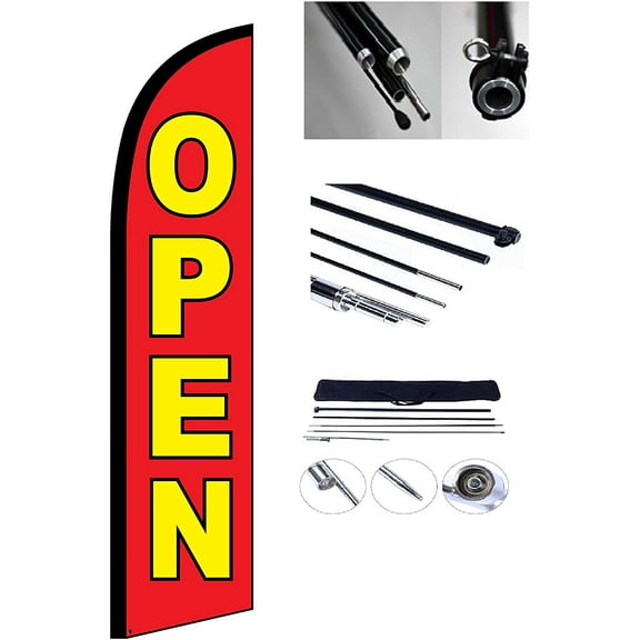Open Business Windless Feather Flutter Flag Red & Yellow 10 x 2.5 Foot Flag and 13 Feet Pole & Ground Stake