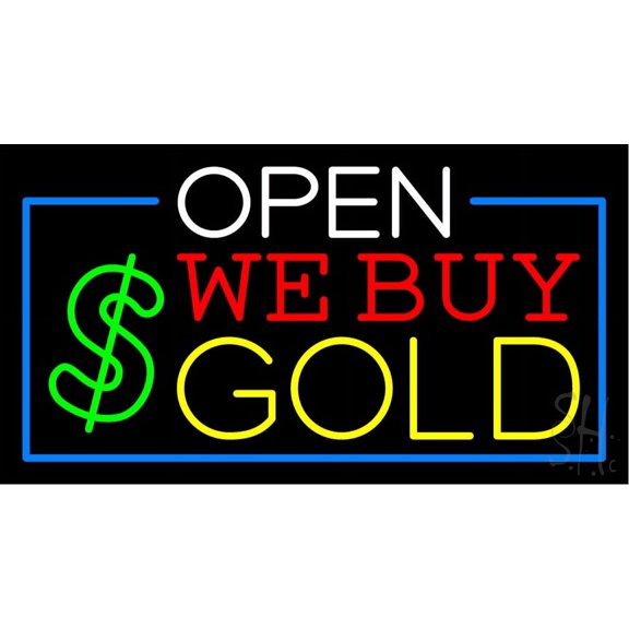 Open We Buy Gold LED Neon Sign 20 x 37 - inches, Black Square Cut Acrylic Backing, with Dimmer - Bright and Premium built indoor LED Neon Sign for Pawn store interior decor, and stroefront.