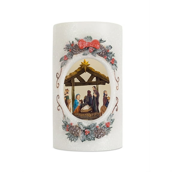 Melrose International 72828DS 8.5 x 4 in. Open Candle with Nativity Scene Wax - White & Green