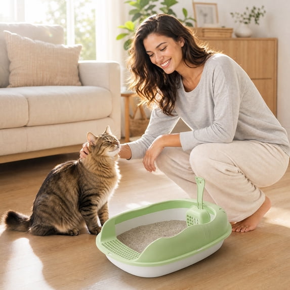Open Cat Litter Box, Anti-Splashing Cat Toilet with Litter Sifting Scoop, Prevent Sand Leakage, Semi-Enclosed Kitten Litter Box (1PC, Green)