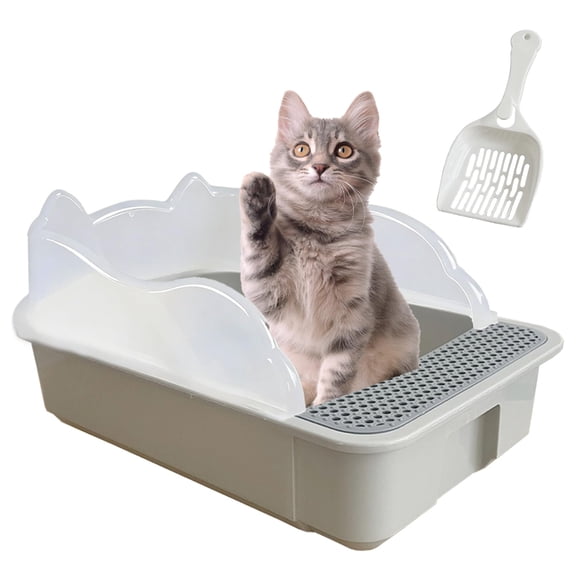 Open Cat Litter Box with High Side, -Splashing Litter Pan for Kittens Under 3 Pounds, Semi-Enclosed Removable Tray with Scoop for Easy Clean No , Home Use, Grey