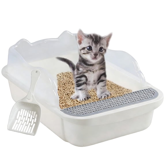 Open Cat Litter Box with High Side, -Splashing Litter Pan for Small Cats, Kitten Toilet with Sifting Scoop, Semi-Enclosed Easy to Clean No for Home Use, White