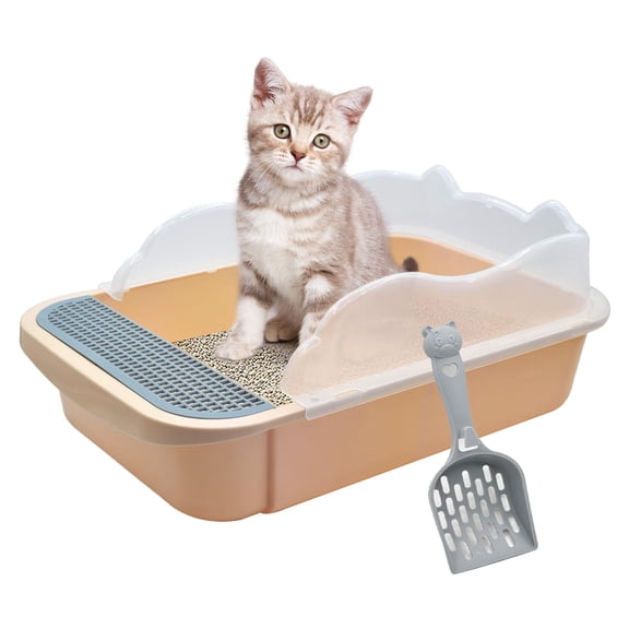 Open Cat Litter Box with High Side, -Splashing Semi-Enclosed Litter Pan for Small Cats & Kittens, Removable with Litter Sifting Scoop, Easy to Clean Open Top Kitty Toilet for Home Use, Orange