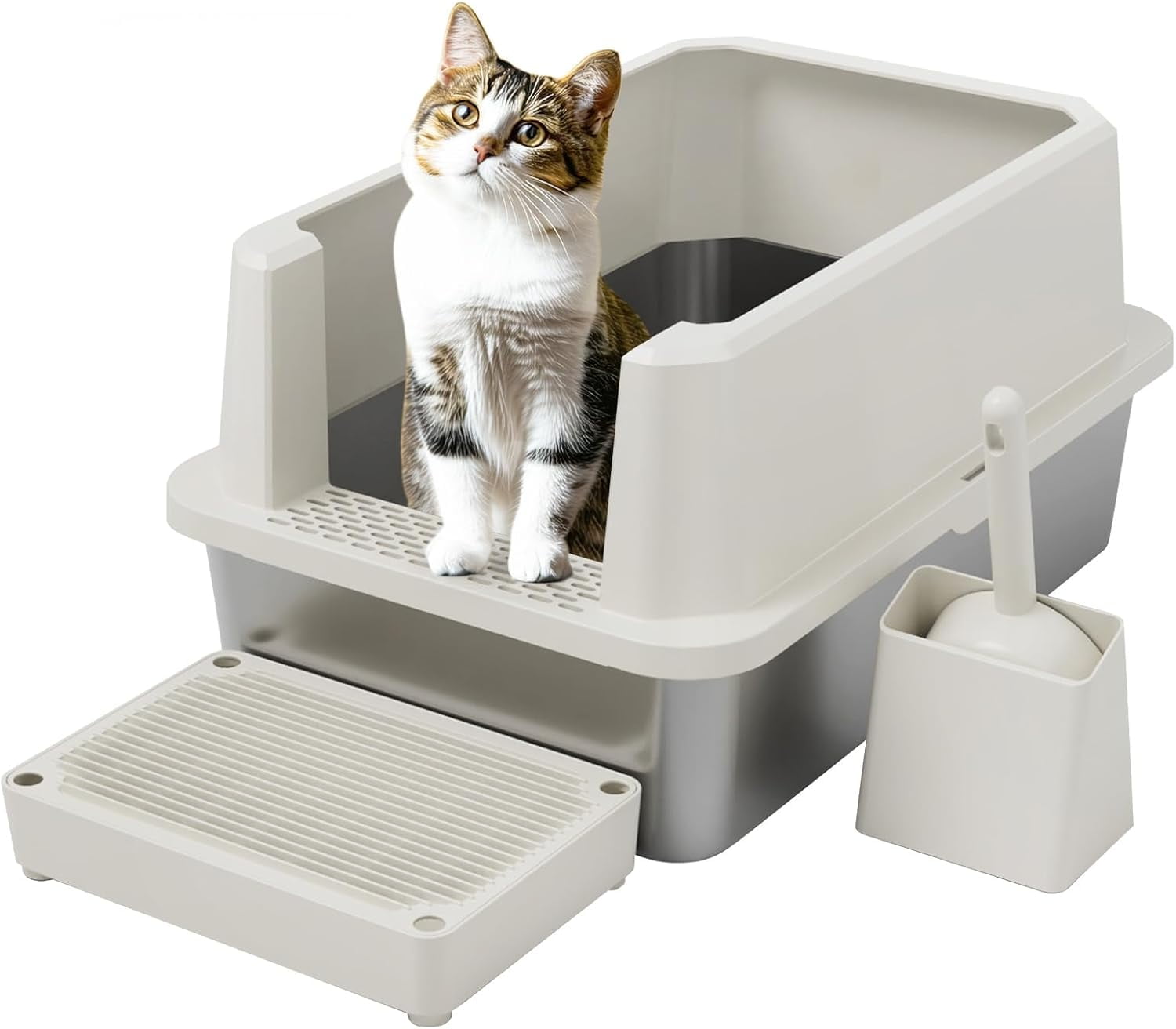 Open Cat Litter Box: Large Beige Stainless Steel Litter Pan 23.8" x 15.9" x 12.4" - High Sided Splash-Proof Easy Clean Toilet for Cats up to 20 lbs - Ideal for - Laundry Areas - Apartments