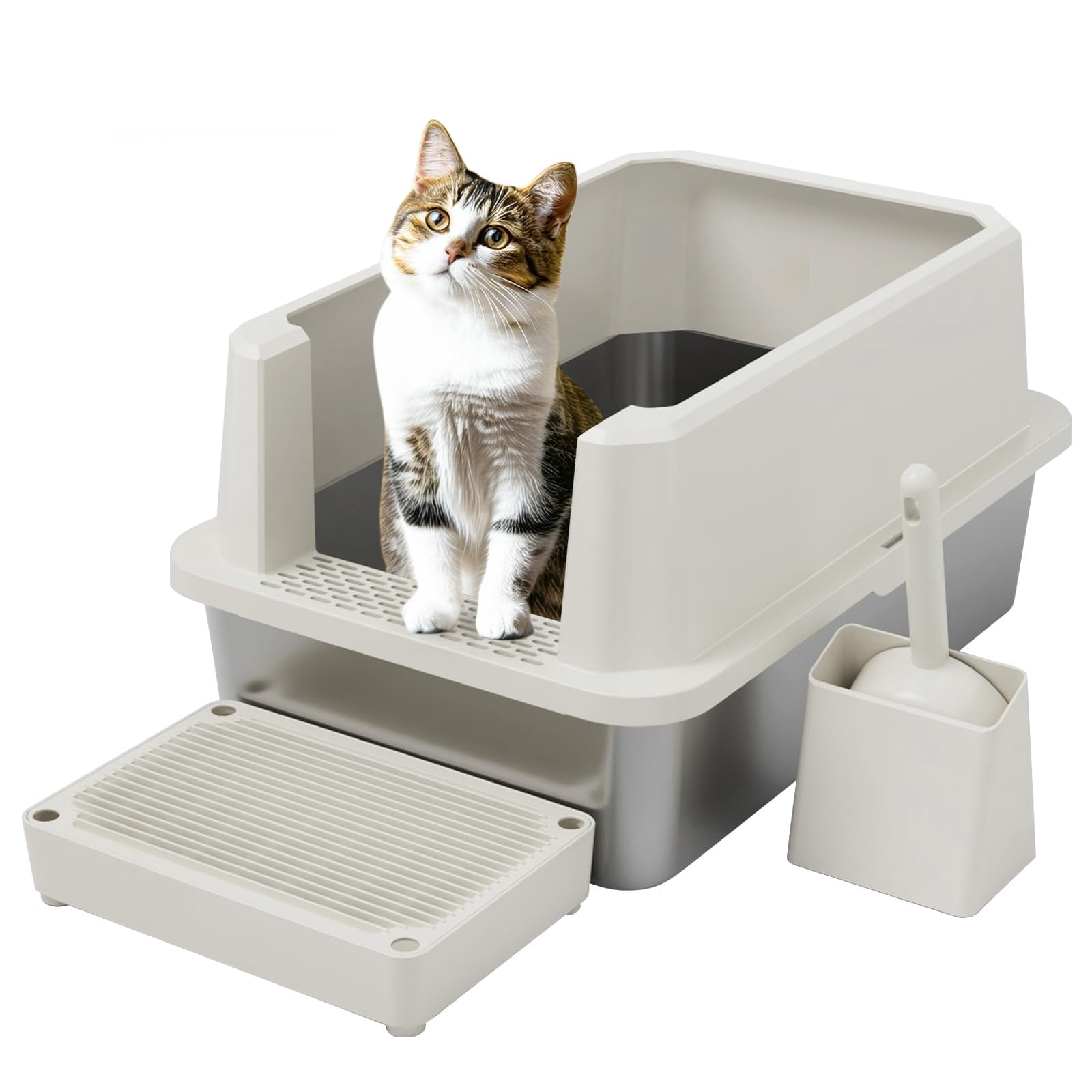 Open Cat Litter Box: Large Beige Stainless Steel Pan 23.8" X 15.9" 12.4" - High Sided Splash-proof Easy Clean Toilet For Cats Up To 20 Lbs Ideal Laundry Areas Apartments