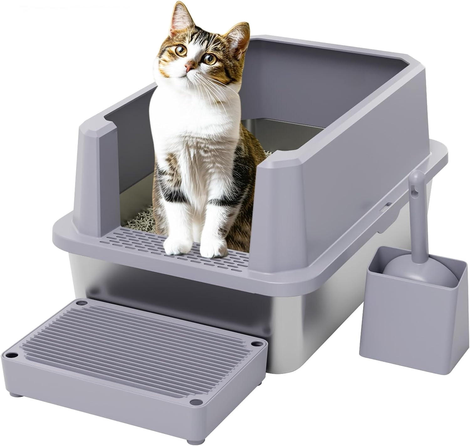 Open Cat Litter Box: Large Gray Stainless Steel Litter Pan 23.8" x 15.9" x 12.4" - High Sided Splash-Proof Easy Clean Toilet for Cats up to 20 lbs - Ideal for - Laundry Areas - Apartments
