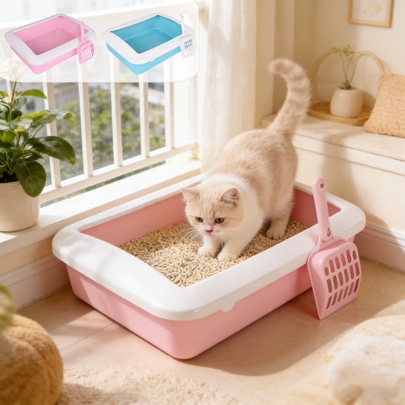 Open Cat Litter Box Spatter Proof Thick Plastic Deep Tall Sides, Odor Absorbing, Easy Clean, Detachable, Large Capacity Pink Blue 34x25x6cm Fits Small Medium Pets