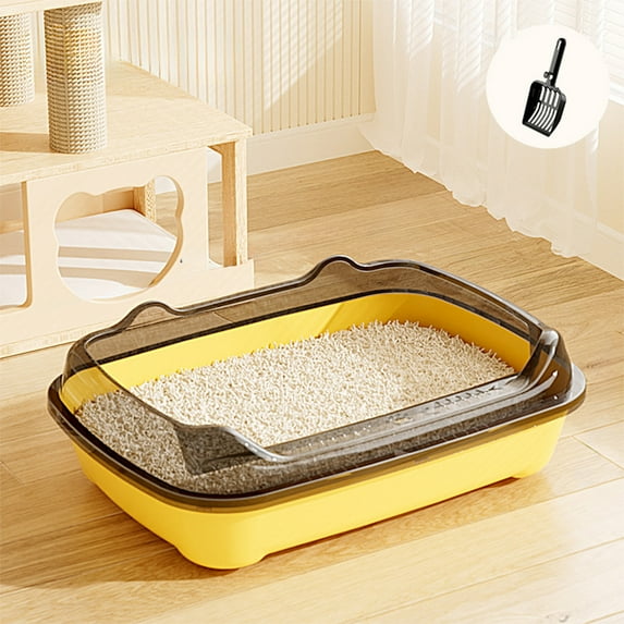 Open Cat Litter Box with Litter Scoop - Spill-Proof High Sided Litter Pan, Leak-Proof Pedal Cat Toilet No Smell Easy Clean, 18.5x13x5.9 Inch (Yellow)