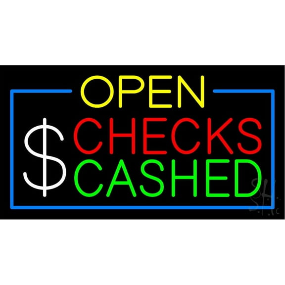 Open Checks Cashed LED Neon Sign 20 x 37 - inches, Black Square Cut Acrylic Backing, with Dimmer - Bright and Premium built indoor LED Neon Sign for Pawn store interior decor, and stroefront.