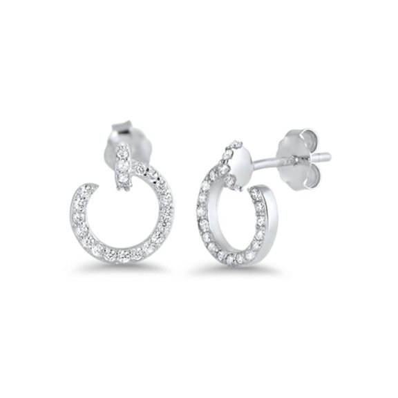 Open Cicle Stud Earrings, Sterling Silver 925 and Clear CZ Stones, Geometric Design