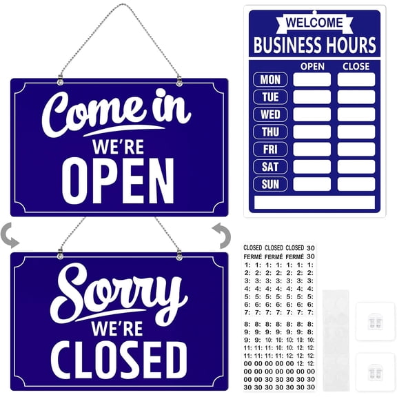 Open Closed Flip Sign Set, Business Hours Sign for Window Door, Black Double Sided Open Closed Sign, Reusable Store Hour Sign for Restaurant Bar Cafe Salon Retail Shop Indoor Use BLue