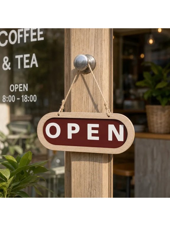 Open Closed Sign Double Sided, Wooden Oval Hanging Business Sign for Store Cafe Shop Front Door, Vintage Welcome Decor