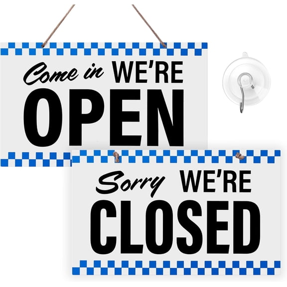 Open Closed Sign for Business, 10" x 6" Double Sided Plastic Sign with Twine, Suction Cup Hook, Business Hours (Blue Checker)