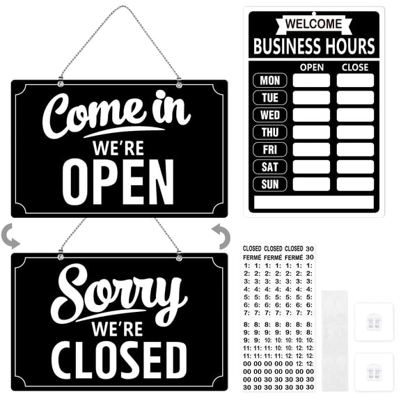 Open Closed Signs for Business, Waterproof Double Sided Come In or Closed Hanging Sign, Business Open and Closed Hours Flip Sign for Stores Restaurants Bars Shops Door Window, Black