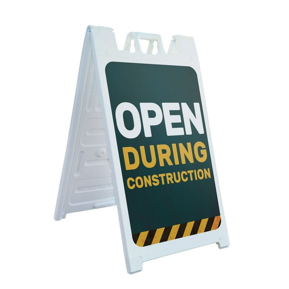 Open During Construction  24" x 36" Double Sided A-Frame Sidewalk Sign, Includes 2 Plastic Inserts | Foldable Portable White Signicade Sandwich Board Signs