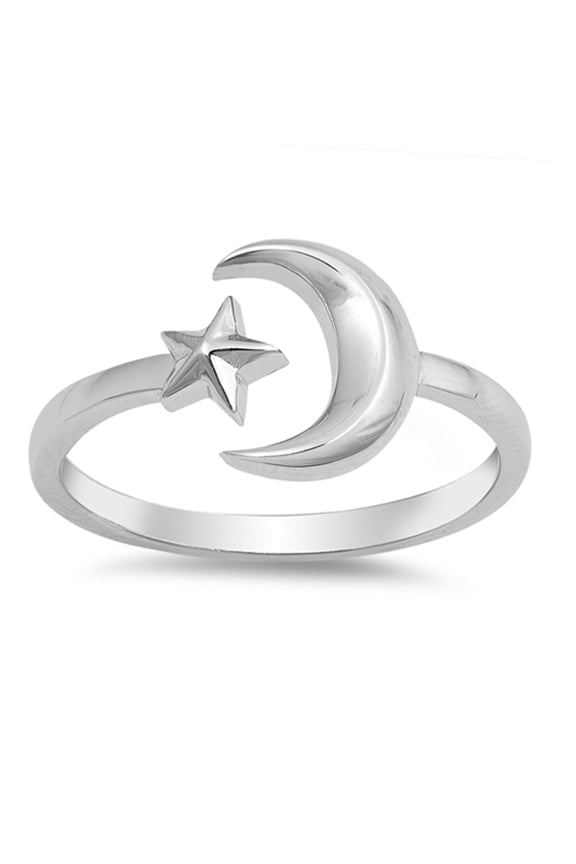 Open Crescent Moon Star Adjustable Ring .925 Sterling Silver Band Jewelry Female Male Unisex Size 7