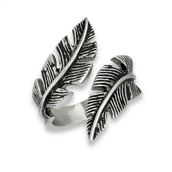 Open Criss Cross Feather Ring Stainless Steel Tree Leaf Band Gray Jewelry Female Male Unisex Size 7