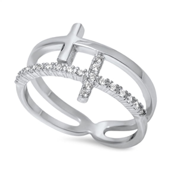Open Cross Christian Ring White Cubic Zirconia .925 Sterling Silver Band Jewelry Female Male Size 9