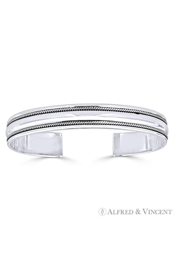 Open Cuff Twist-Rope-Detail Adjustable Bangle in Solid .925 Sterling Silver