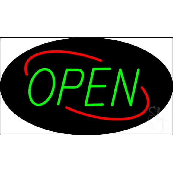 Open Deco Style Green Letters with Red Oval Border LED Neon Sign 20 x 37 - inches, Clear Edge Cut Acrylic Backing, with Dimmer - Bright and Premium built indoor LED Neon Sign for storefront.