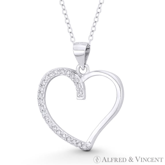 Open-Design Heart Charm CZ Crystal Pave Pendant & Chain Necklace in .925 Sterling Silver w/ Rhodium