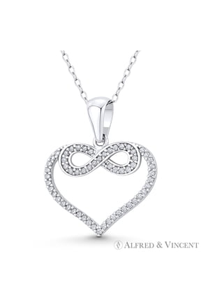 Open-Design Heart & Infinity Charm CZ Crystal Pendant in .925 Sterling Silver w/ Rhodium