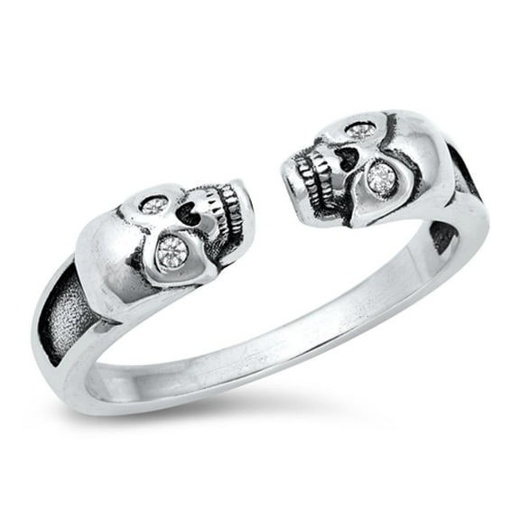 Open Double Skull Clear Cubic Zirconia Ring .925 Sterling Silver Band Jewelry Female Male Size 5