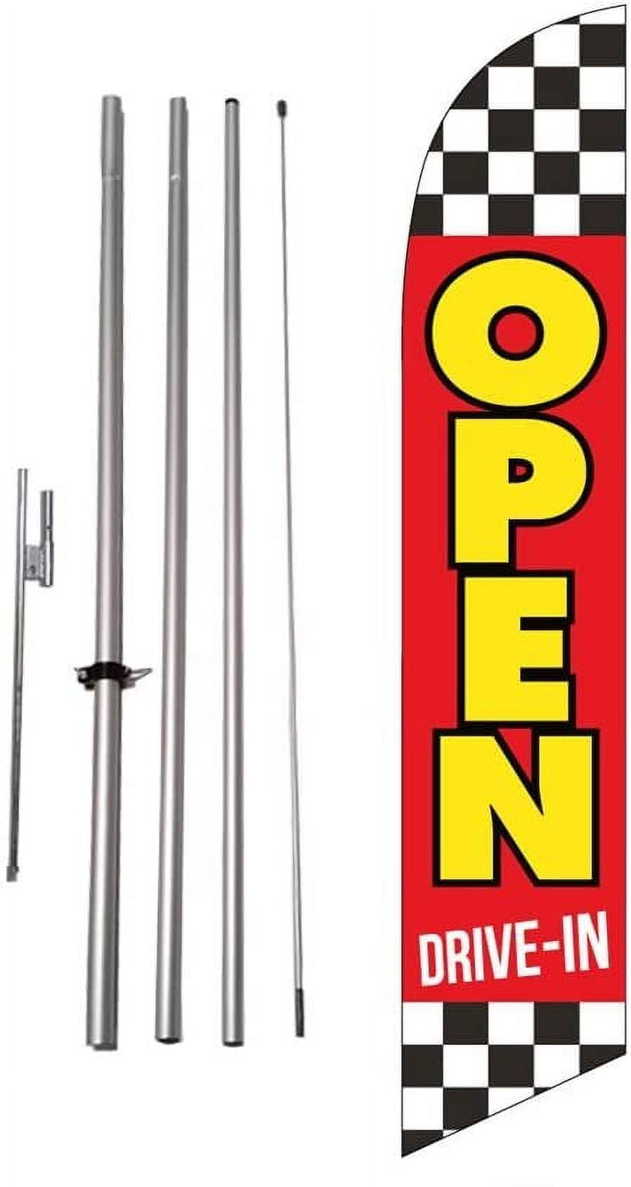 Open Drive-in Advertising Feather Banner Swooper Flag Sign with Flag Pole Kit and Ground Stake