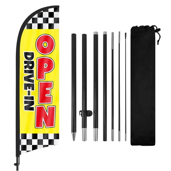Open Drive-in Advertising Feather Flags Banner 8Ft, Open Drive-in Swooper Flag with Pole and Ground Stake, Advertising Feather Flag Signs for Open Drive-in Business Yellow