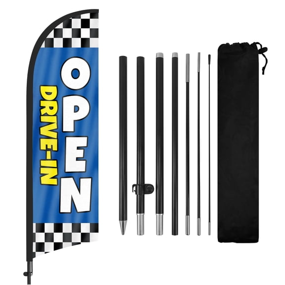 Open Drive-in Advertising Feather Flags Banner 8Ft, Open Drive-in Swooper Flag with Pole and Ground Stake, Advertising Feather Flag Signs for Open Drive-in Business Blue