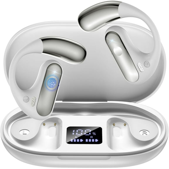 Open Ear Air Conduction Headphones Wireless 5.3 Bluetooth Earphones for Snug Fit, Ergonomic Ear Hook, Balanced Sound, Digital Display Charging Case, White