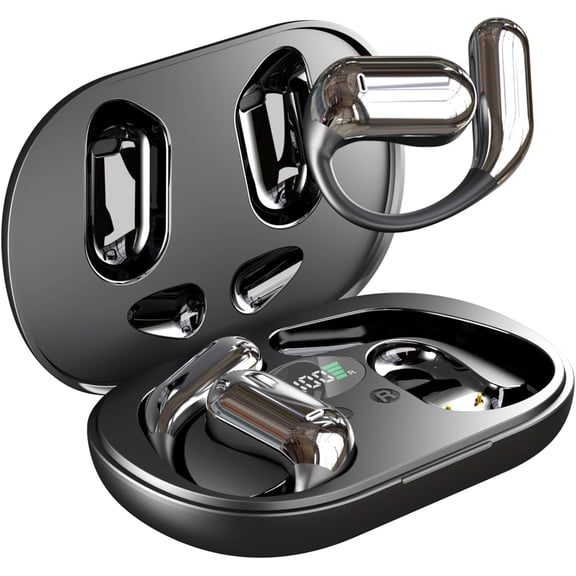 Open Ear Bluetooth 5.4 Headphones,Wireless Bone Conduction Earbuds Built-in Mic Sport Over Earphones with Comfort Ear Hooks LED Display Charging Case,Waterproof IPX7 Design for Running Fitness,Black