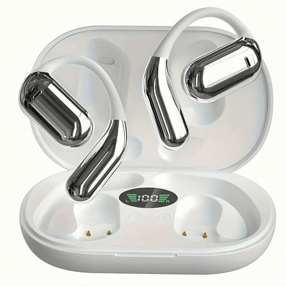 Open Ear Bluetooth 5.4 Headphones, Wireless Earbuds Sport Over Earphones Built-in Mic with Ear Hooks 50H Playtime Ear Buds LED Display Charging Case, Waterproof Design for Running Fitness, White