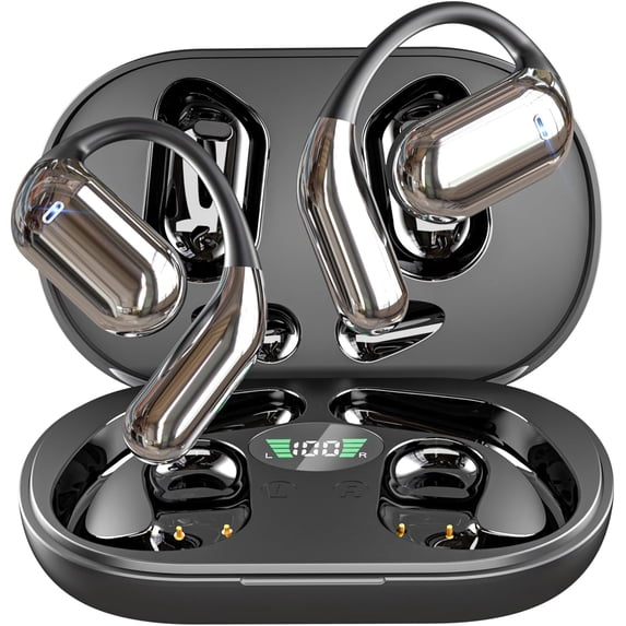 Open Ear Bluetooth 5.4 Headphones, Wireless Earbuds Sport Over Earphones Built-in Mic with Ear Hooks 50H Playtime Ear Buds LED Display Charging Case, Waterproof Design for Running Fitness, Black