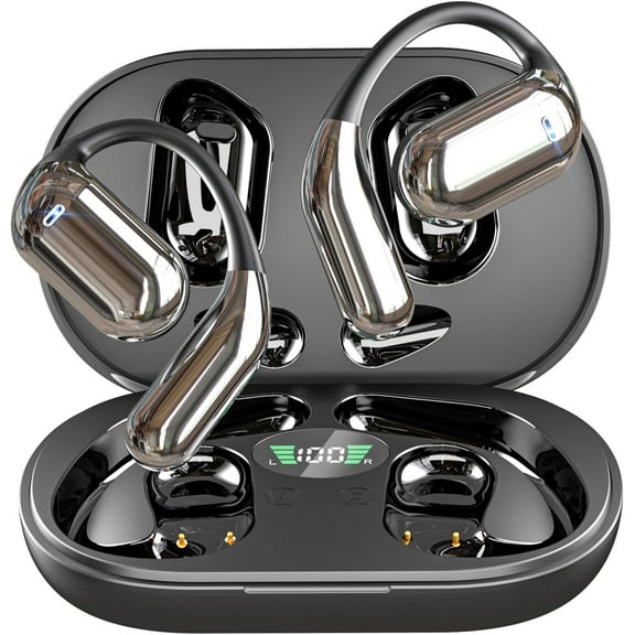 Open Ear Bluetooth 5.4 Headphones, Wireless Earbuds Sport Over Earphones Built-in Mic with Ear Hooks 50H Playtime Ear Buds LED Display Charging Case, Waterproof Design for Running Fitness, Black