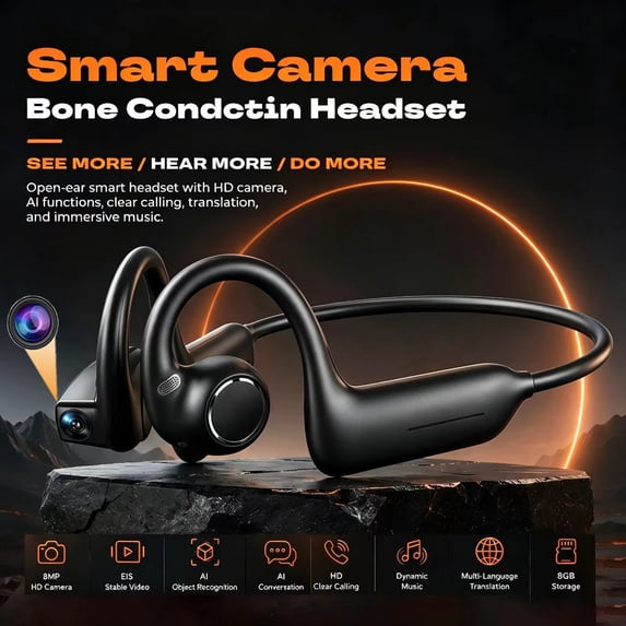 Open-Ear Bluetooth Headphones with 8MP Camera 1080P Recording Translation Sports Wireless Earbuds for Fitness Travel(Black)
