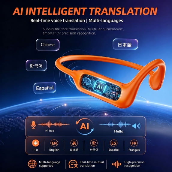 Open-Ear Bluetooth Headphones with 8MP Camera 1080P Recording Translation Sports Wireless Earbuds for Fitness Travel(Orange)
