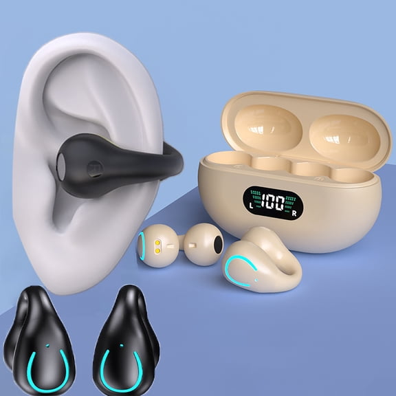 Open Ear Bone Conduction Headphones Bluetooth 5.3 Clip On Earbuds with Digital Display Charging Case 60 Hours Playtime Sport Earphones Built-in Mic IPX7 Waterproof for Running Fitness