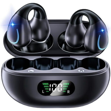 Open Ear Bone Conduction Headphones Wireless Clip On Earbuds with Digital Display Charging Case 60 Hours Playtime Bluetooth 5.3 Sport Earphones Built-in Mic IPX7 Waterproof for Running Fitness Black