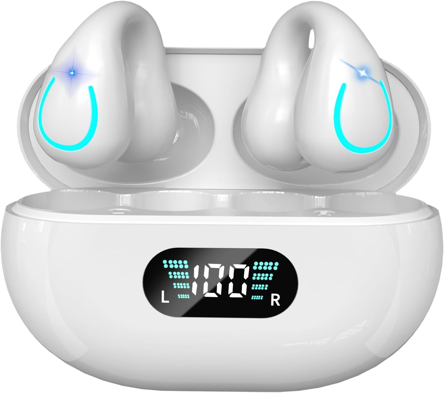 Open Ear Clip Bone Conduction Wireless Earbuds Bluetooth 5.3,Sports Earphones Built-in Microphone with Earhooks,with Digital Display Charging Case,IPX7 Waterproof Fitness Headphones for Runnin(white)